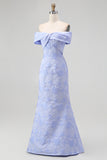 Floral Blue Mermaid Off the Shoulder Long Bridesmaid Dress