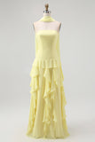 Yellow Ruffled Strapless Long Bridesmaid Dress with Streamer