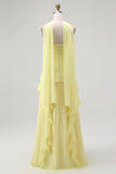 Yellow Ruffled Strapless Long Bridesmaid Dress with Streamer