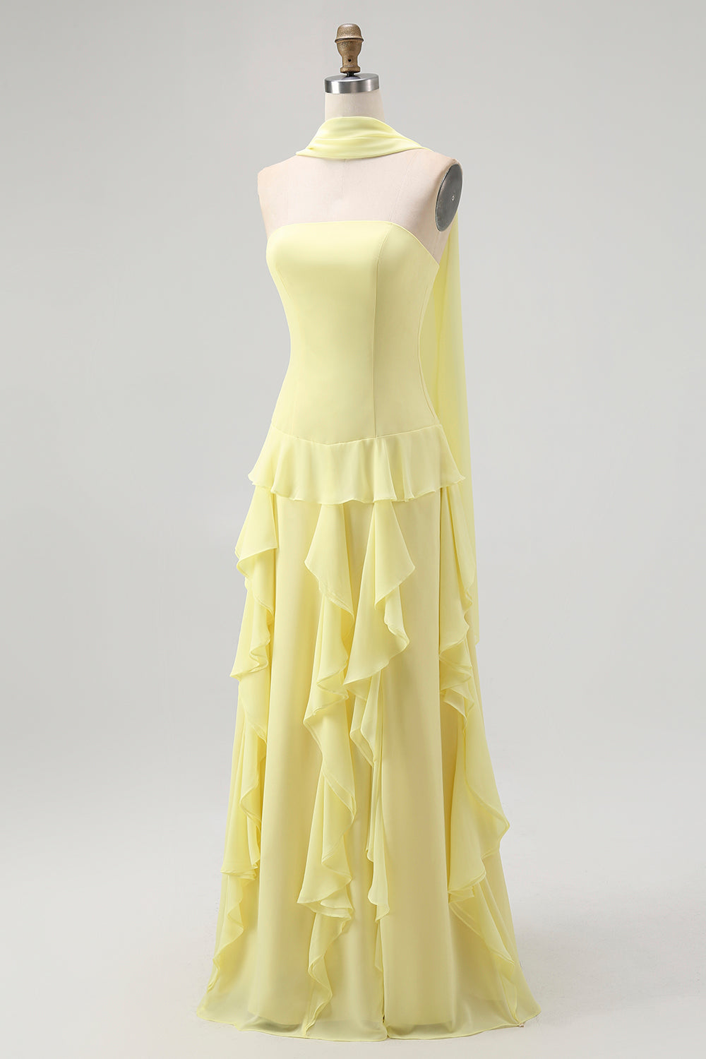 Yellow Ruffled Strapless Long Bridesmaid Dress with Streamer