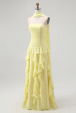 Yellow Ruffled Strapless Long Bridesmaid Dress with Streamer