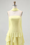 Yellow Ruffled Strapless Long Bridesmaid Dress with Streamer