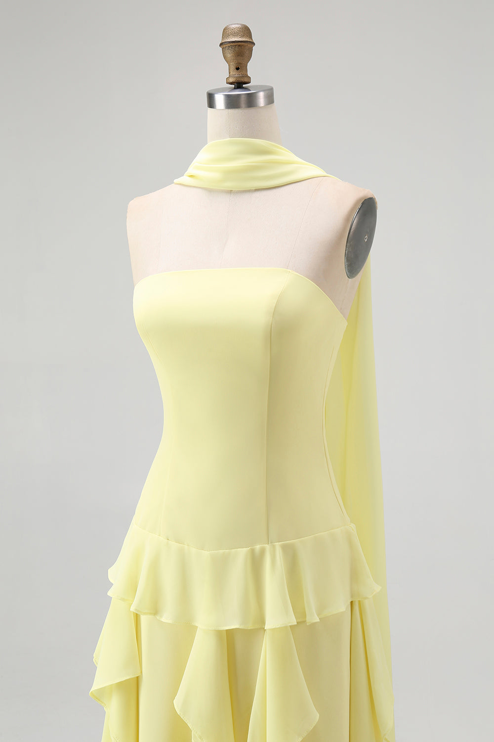 Yellow Ruffled Strapless Long Bridesmaid Dress with Streamer