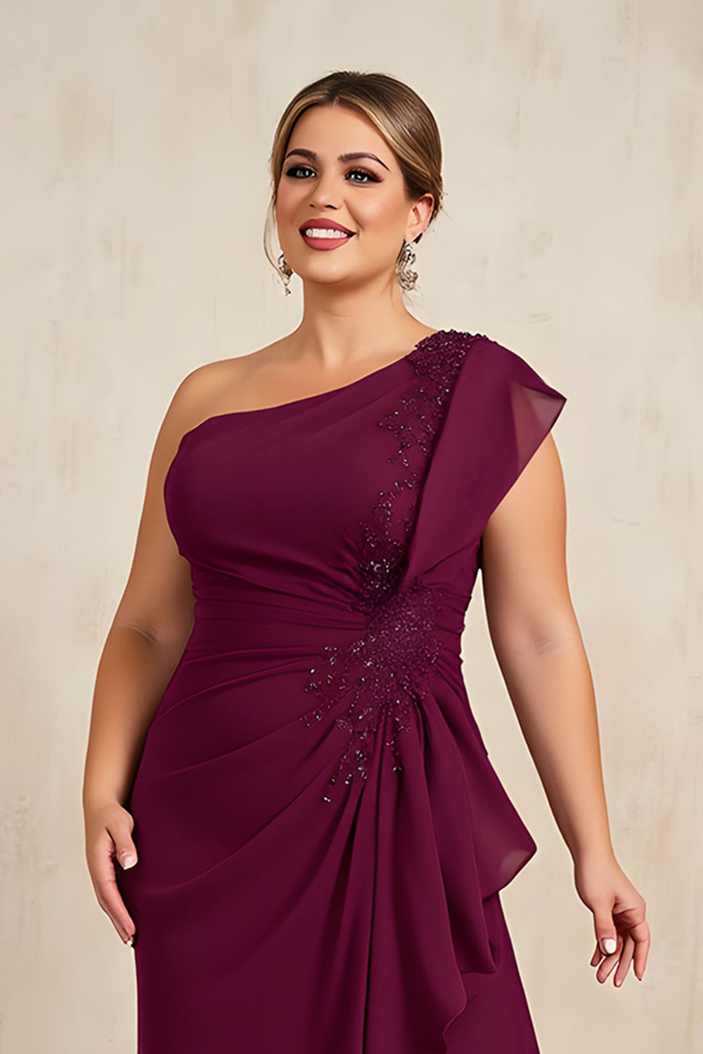 One Shoulder Burgundy Chiffon Mother of the Bride Dress with Appliques