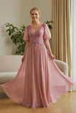 Dusty Rose Chiffon Appliqued A Line Mother of the Bride Dress with Puff Sleeves