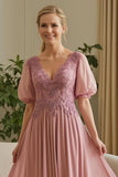 Dusty Rose Chiffon Appliqued A Line Mother of the Bride Dress with Puff Sleeves