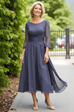 Elegant Grey A Line Chiffon Boat Neck Midi Mother of the Bride Dress