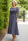 Elegant Grey A Line Chiffon Boat Neck Midi Mother of the Bride Dress