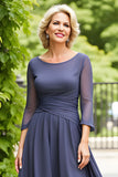 Elegant Grey A Line Chiffon Boat Neck Midi Mother of the Bride Dress
