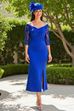 Off the Shoulder Sheath Midi Royal Blue Mother of the Bride Dress with Lace