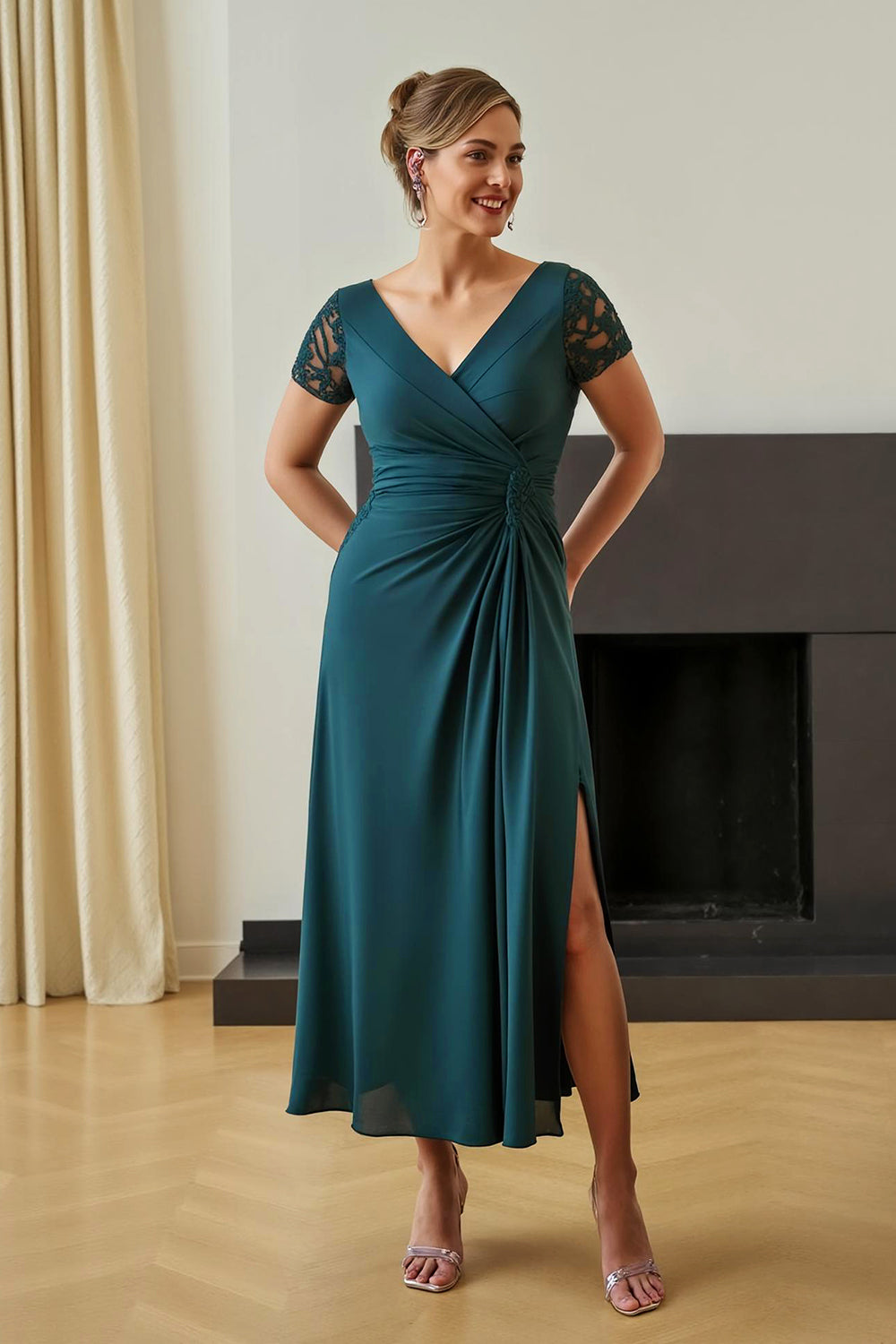 Pine Sheath Ruched V-Neck Mother of the Bride Dress with Slit