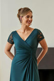 Pine Sheath Ruched V-Neck Mother of the Bride Dress with Slit