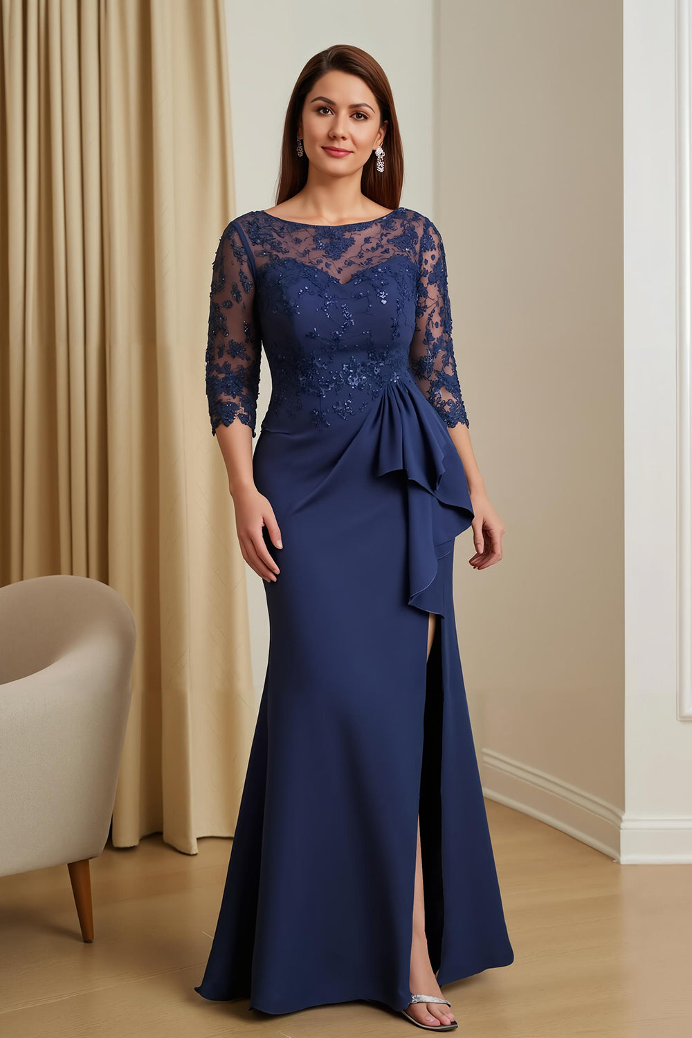 Navy Sheath Satin Boat Neck Long Mother of the Bride Dress with Sash
