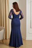 Navy Sheath Satin Boat Neck Long Mother of the Bride Dress with Sash