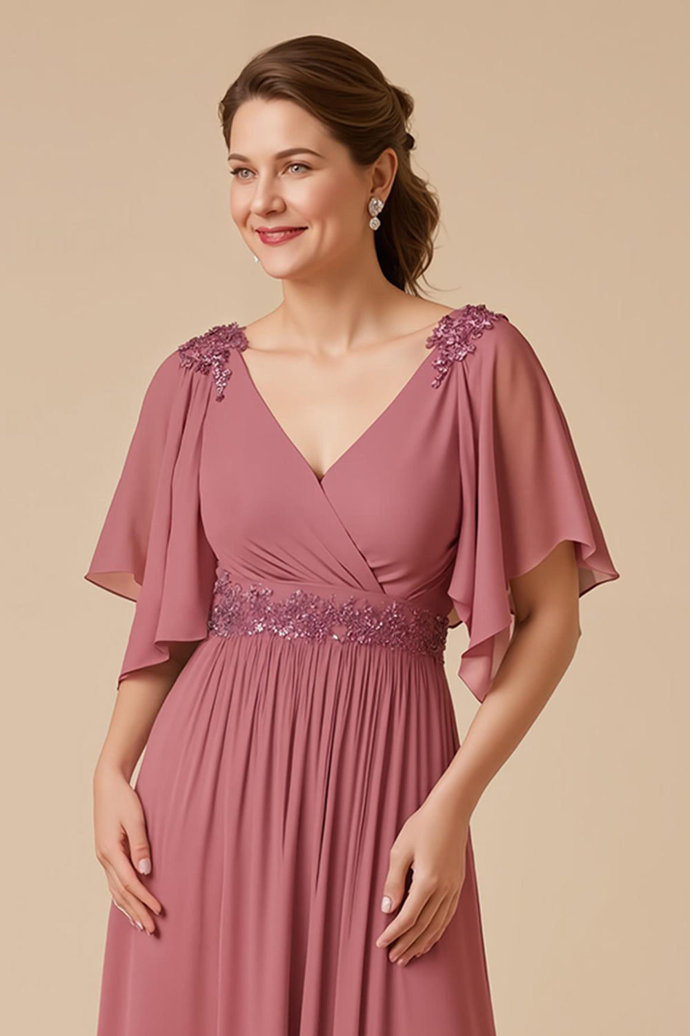 Desert Rose Chiffon A Line Appliqued Mother of the Bride Dress with Sleeves