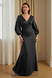 Pine Satin Mermaid V-Neck Long Mother of the Bride Dress with Sleeves