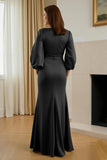 Pine Satin Mermaid V-Neck Long Mother of the Bride Dress with Sleeves