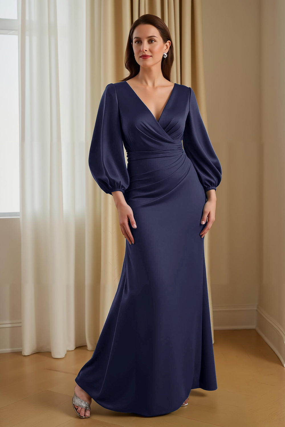 Pine Satin Mermaid V-Neck Long Mother of the Bride Dress with Sleeves