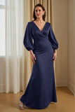 Pine Satin Mermaid V-Neck Long Mother of the Bride Dress with Sleeves