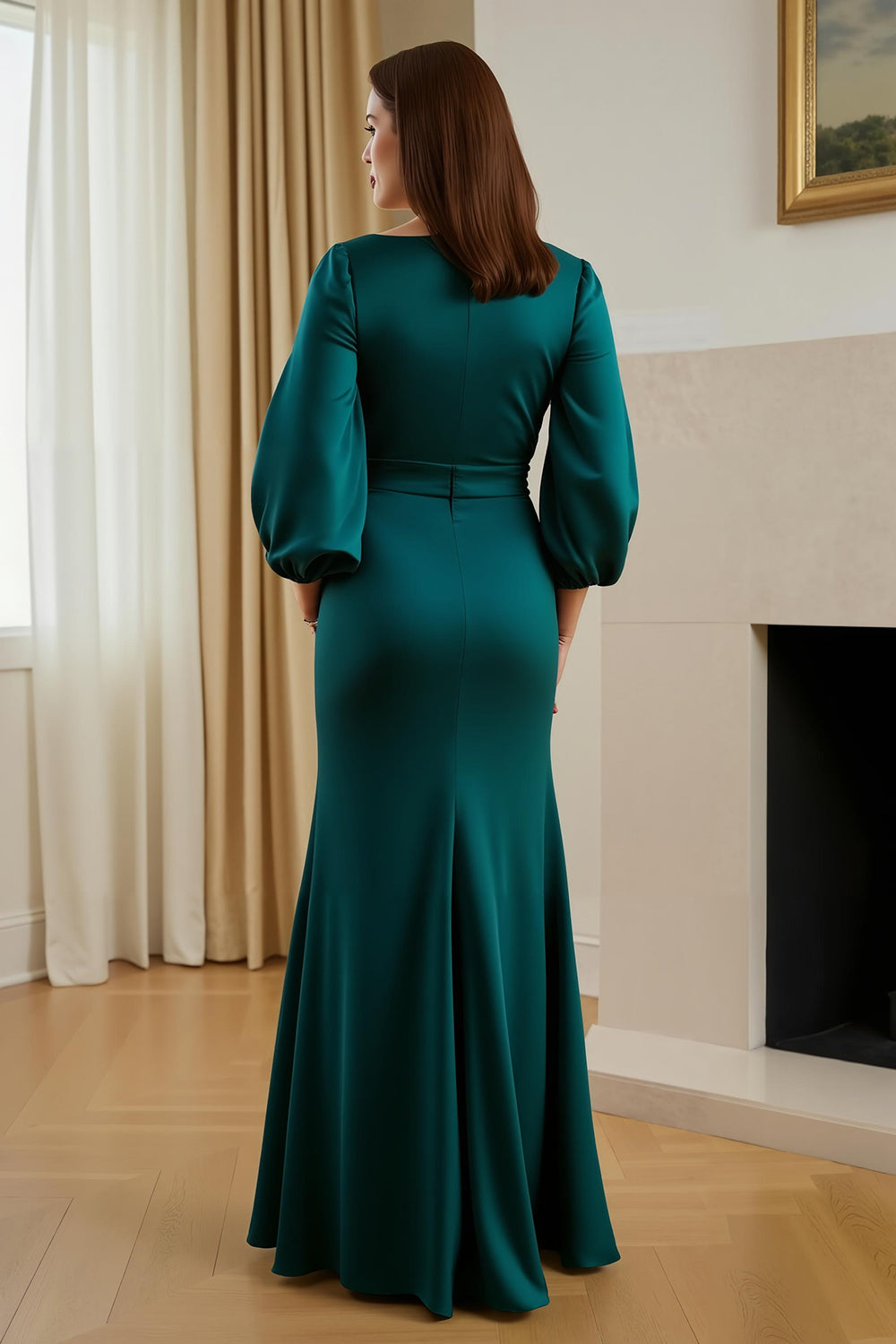 Pine Satin Mermaid V-Neck Long Mother of the Bride Dress with Sleeves