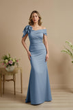 Dusty Blue Mermaid Satin Off The Shoulder Mother of the Bride Dress with Bow