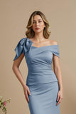 Dusty Blue Mermaid Satin Off The Shoulder Mother of the Bride Dress with Bow