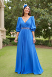 Blue A Line Chiffon V-Neck Long Mother of the Bride Dress with Sleeves