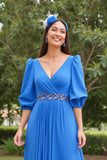 Blue A Line Chiffon V-Neck Long Mother of the Bride Dress with Sleeves