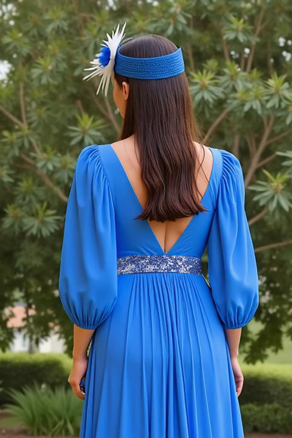 Blue A Line Chiffon V-Neck Long Mother of the Bride Dress with Sleeves