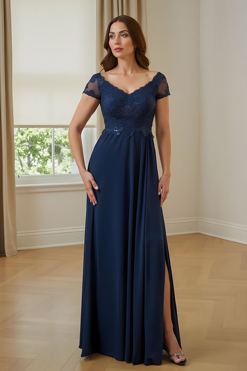 Navy A Line Chiffon Appliqued Long Mother of the Bride Dress with Slit