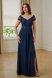 Navy A Line Chiffon Appliqued Long Mother of the Bride Dress with Slit