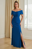 Blue Sheath Chiffon Off The Shoulder Long Mother of the Bride Dress with Slit
