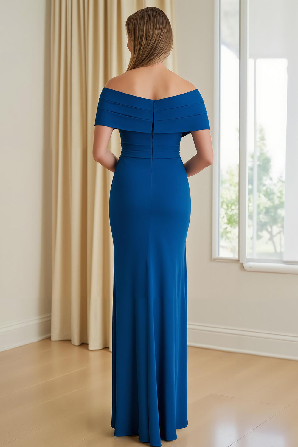 Blue Sheath Chiffon Off The Shoulder Long Mother of the Bride Dress with Slit