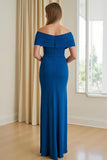Blue Sheath Chiffon Off The Shoulder Long Mother of the Bride Dress with Slit