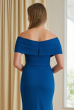 Blue Sheath Chiffon Off The Shoulder Long Mother of the Bride Dress with Slit