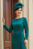 Dark Green A-Line Bateau Long Sleeves Mother of the Bride Dress with Slit