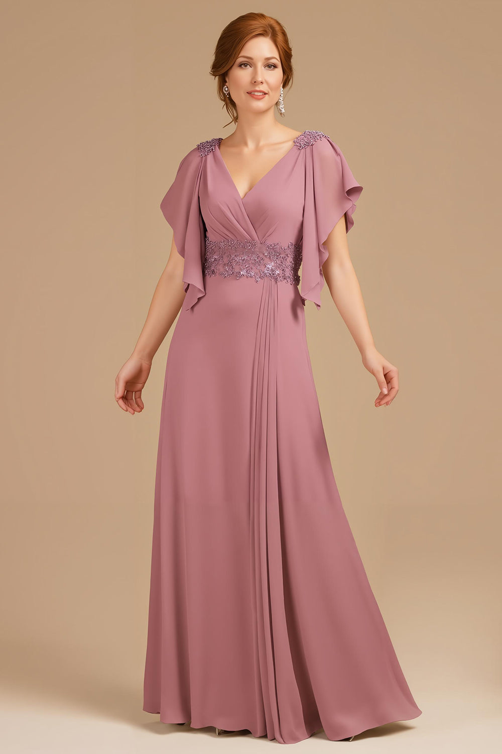 A-Line Grape V-Neck Ruched Flutter Sleeve Long Mother of the Bride Dress
