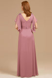 A-Line Grape V-Neck Ruched Flutter Sleeve Long Mother of the Bride Dress