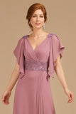 A-Line Grape V-Neck Ruched Flutter Sleeve Long Mother of the Bride Dress