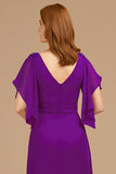 A-Line Grape V-Neck Ruched Flutter Sleeve Long Mother of the Bride Dress