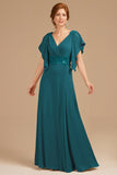 A-Line Grape V-Neck Ruched Flutter Sleeve Long Mother of the Bride Dress
