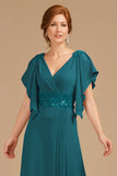 A-Line Grape V-Neck Ruched Flutter Sleeve Long Mother of the Bride Dress
