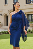 Navy One Shoulder Ruched Mother of the Bride Dress with Streamer