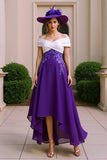 A Line Purple V-Neck Ruched Mother of the Bride Dress with Lace Appliques