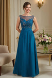 Peacock Blue A-Line Illusion Neck Long Mother of the Bride Dress with Lace Appliques