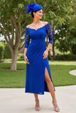 Royal Blue Off the Shoulder 3/4 Sleeve Mother of the Bride Dress with Lace