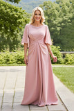 Blush A-Line Bateau Neck Ruched Mother of the Bride Dress With Flutter Sleeves