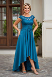 Peacock Blue A-Line Bateau Neck Ruched Mother of the Bride Dress with Lace Appliques