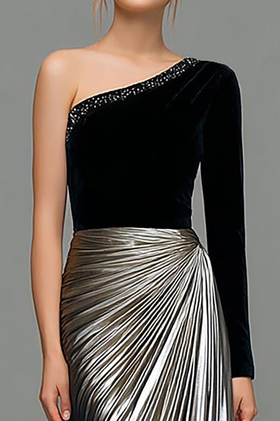 ZAPAKA Women Black and Grey Formal Dress A-Line One Shoulder Velvet and