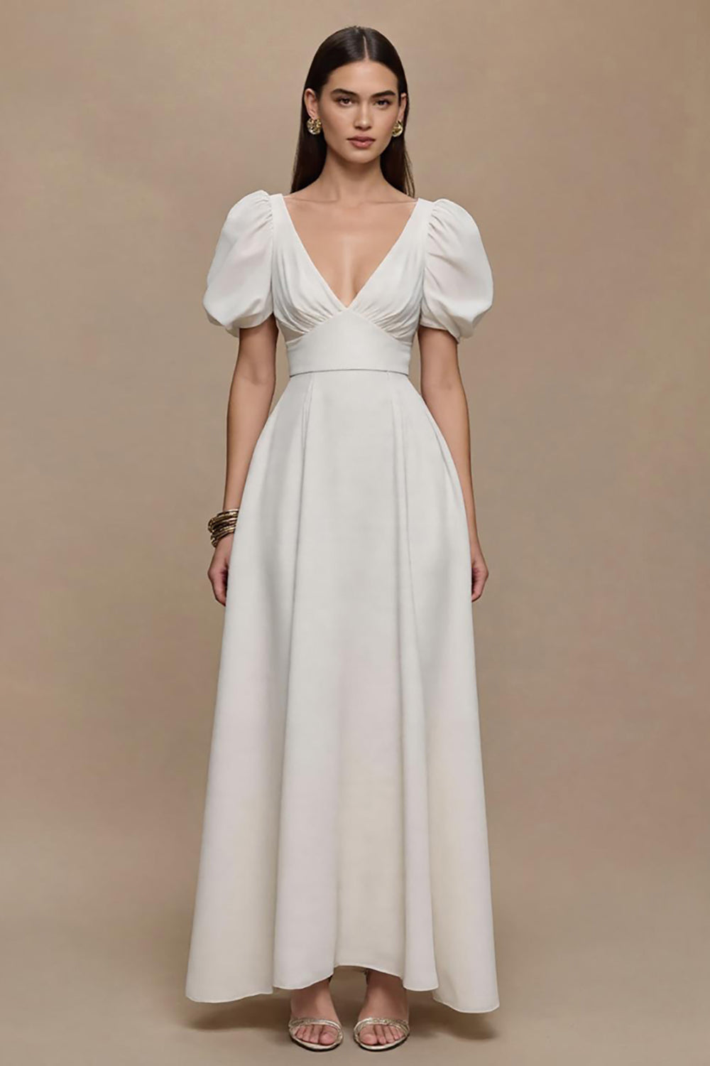 Ivory A-Line V-Neck Formal Dress with Puff Sleeves